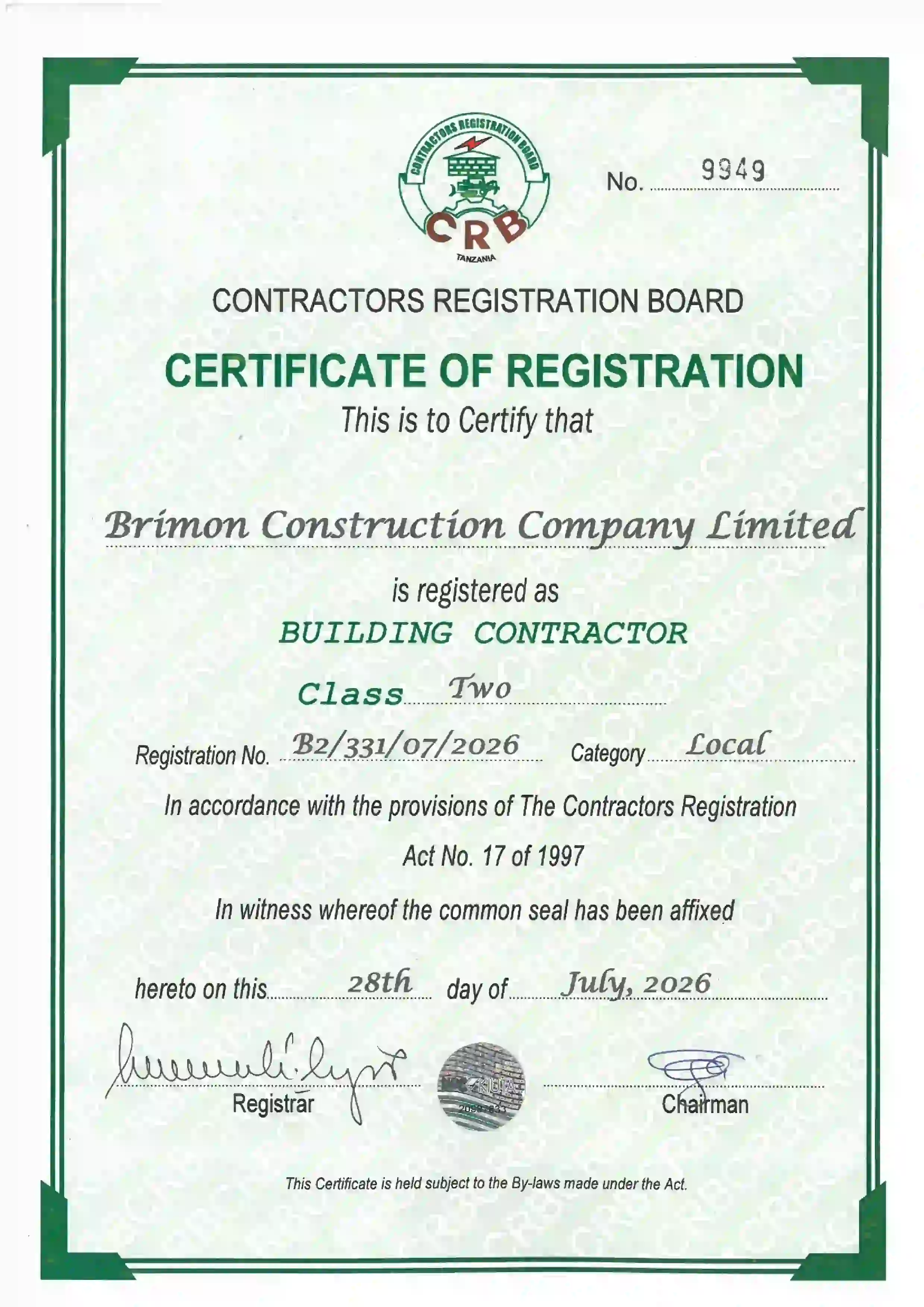 CRB building registration certificate