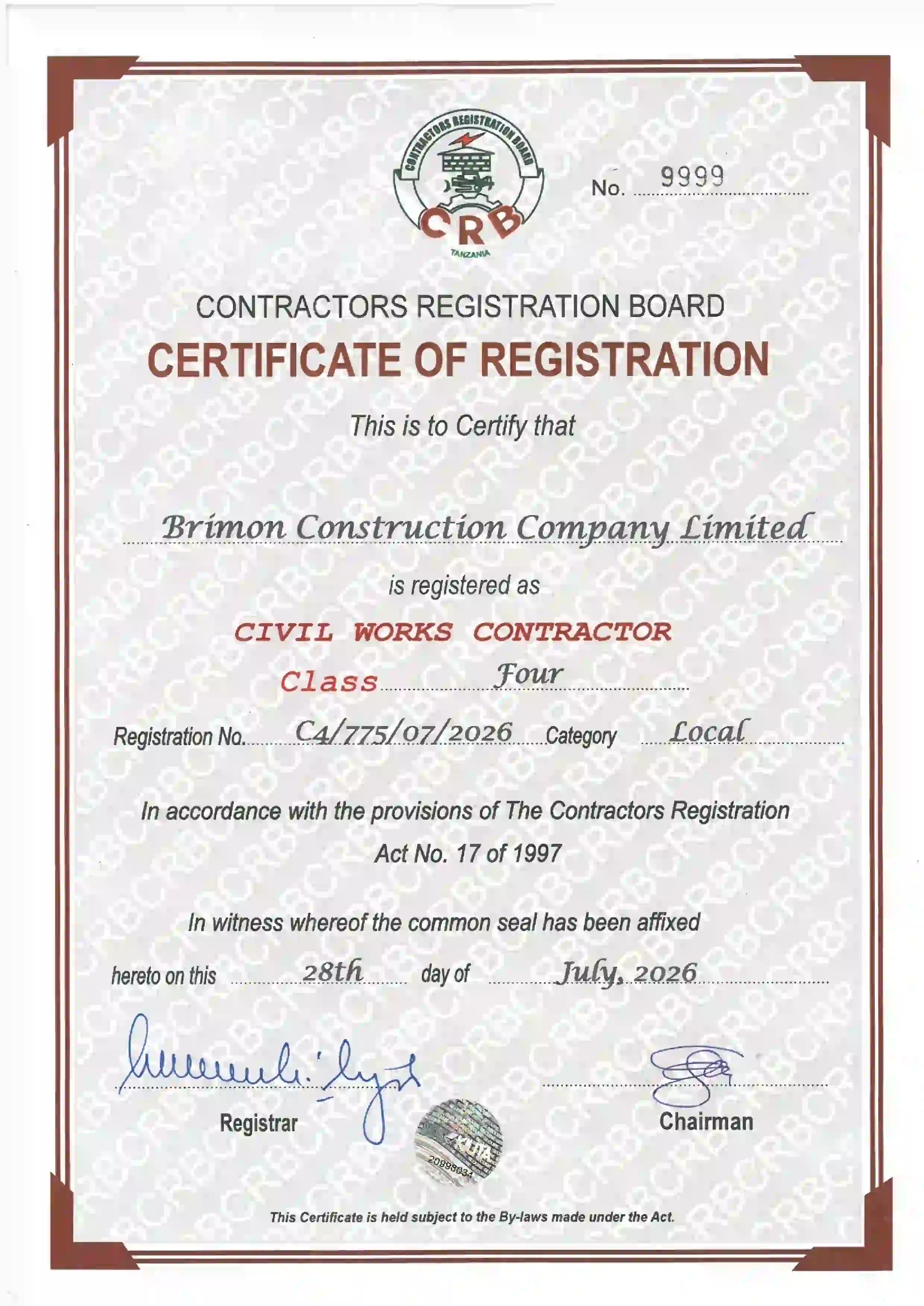 CRB civil registration certificate