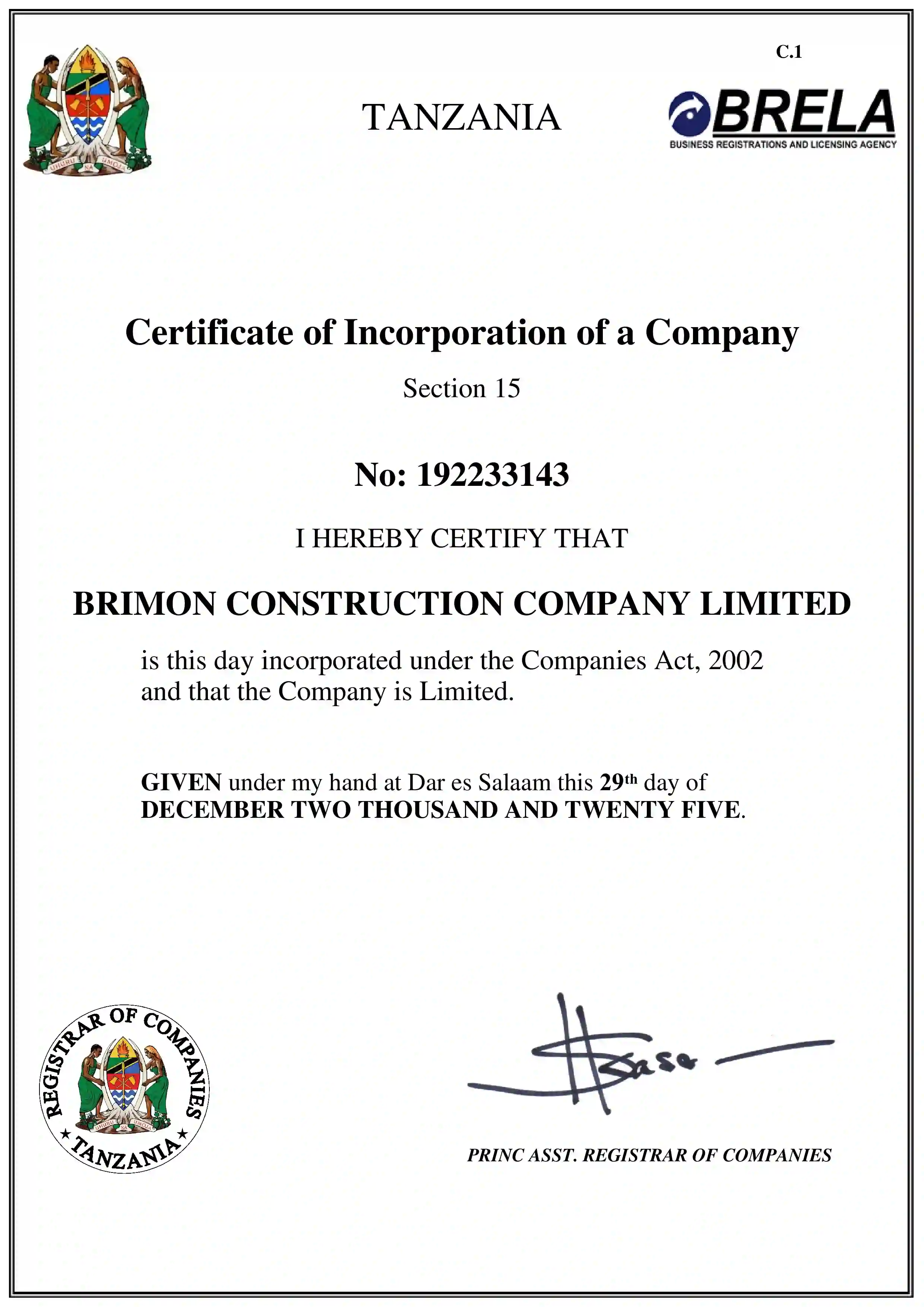 Certificate of incorporation