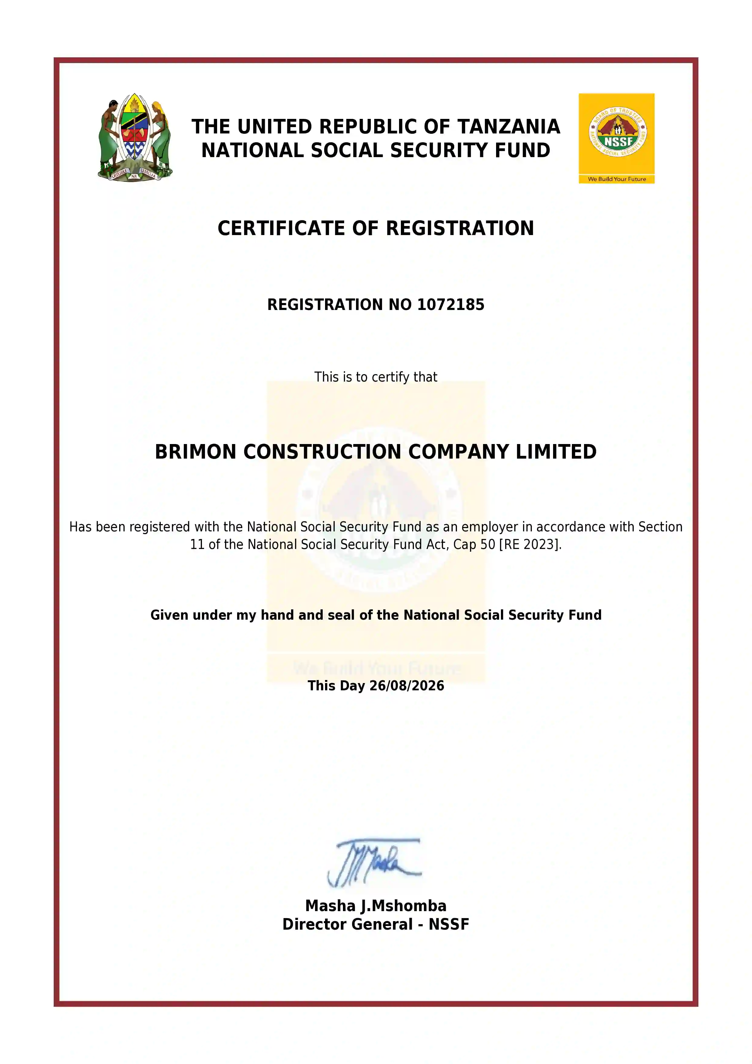 NSSF employer registration certificate