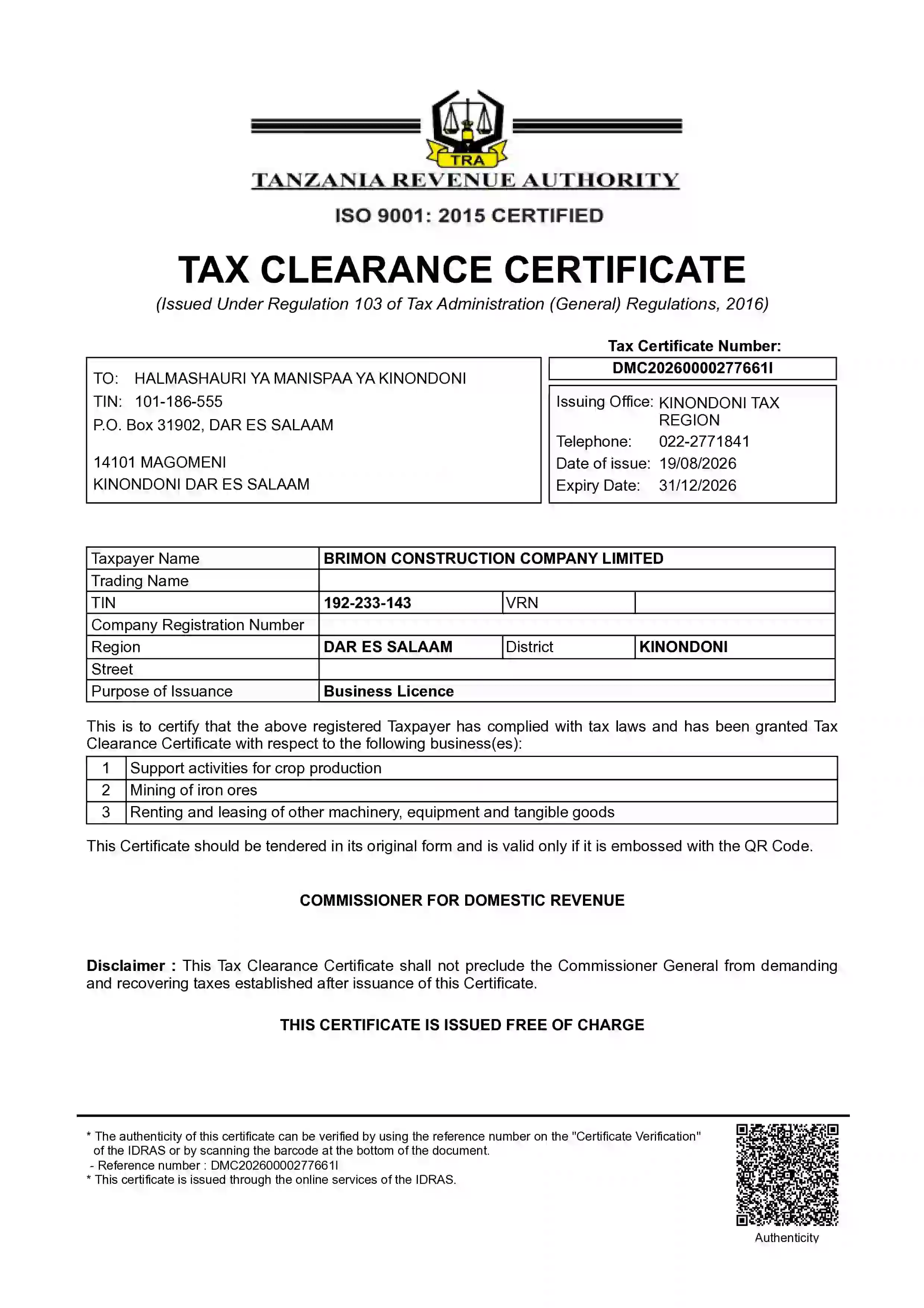 Tax clearance certificate