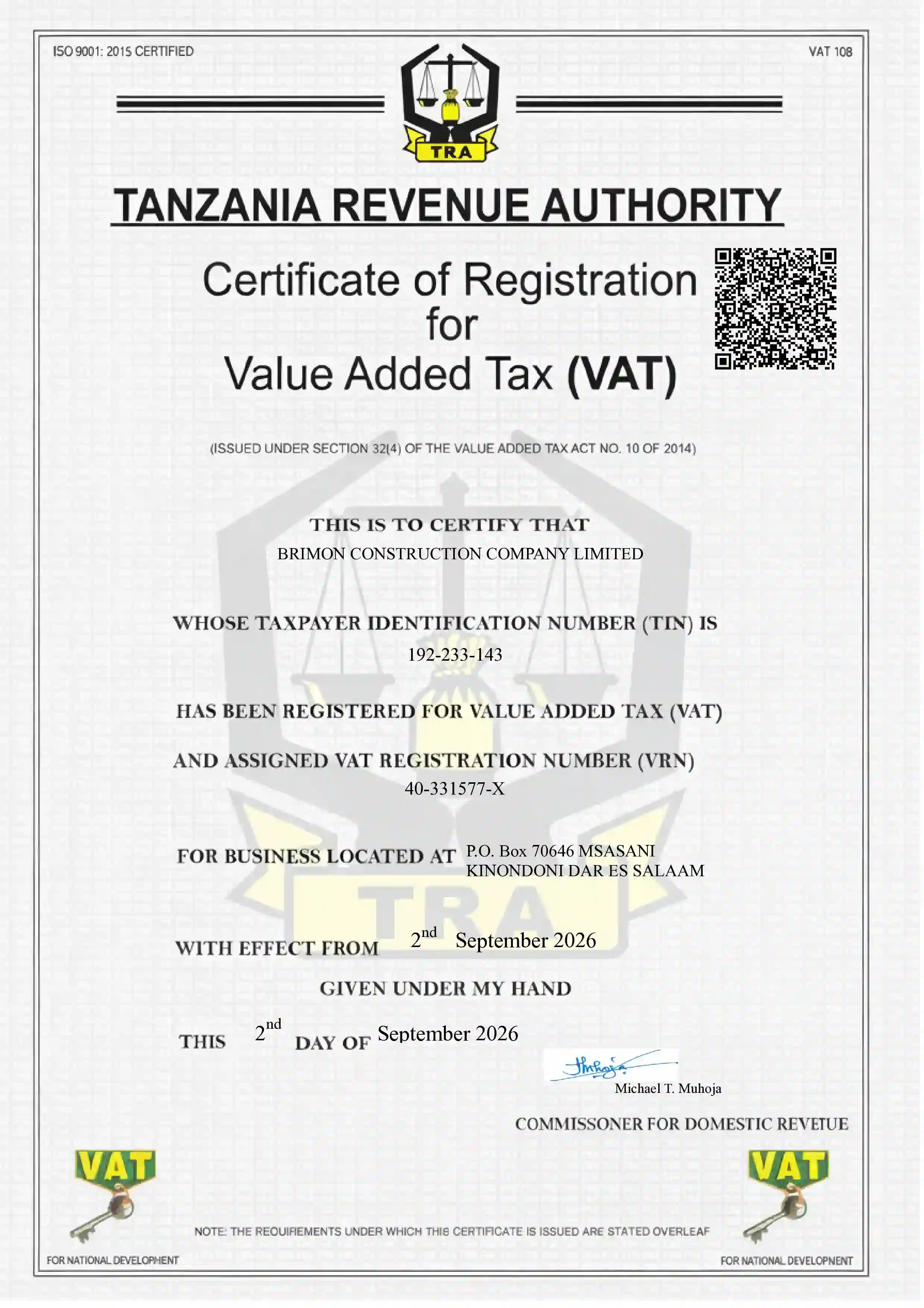 VAT registration certificate