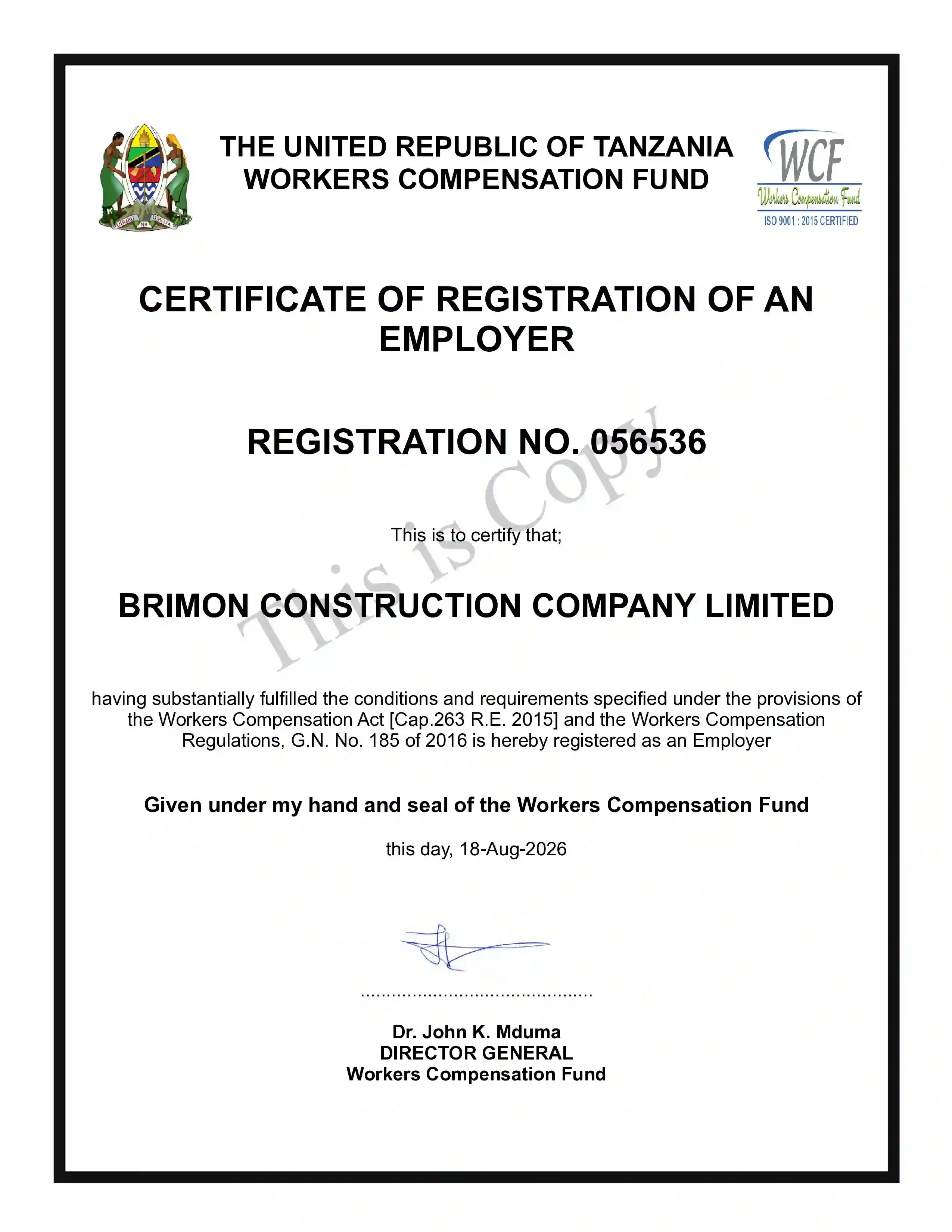 WCF registration certificate